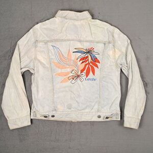 LEVIS Ex Boyfriend‎ Trucker Jacket Womens Medium Blue Denim Embroidered Floral